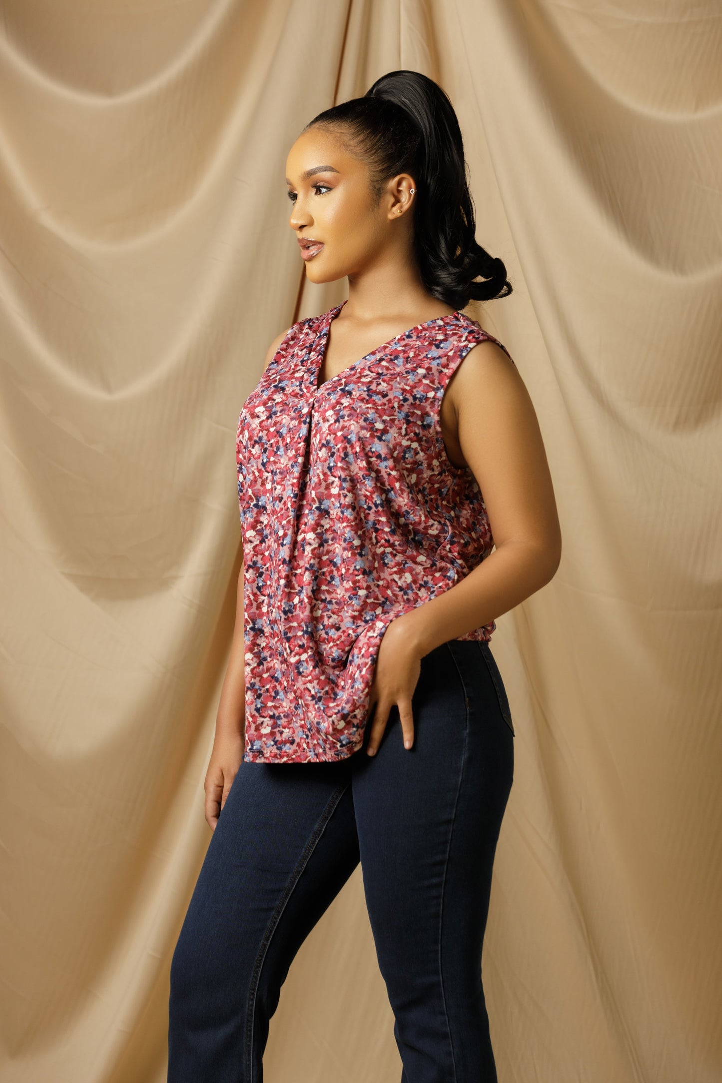 Printed Sleeveless V-Neck Top, Moss Crepe