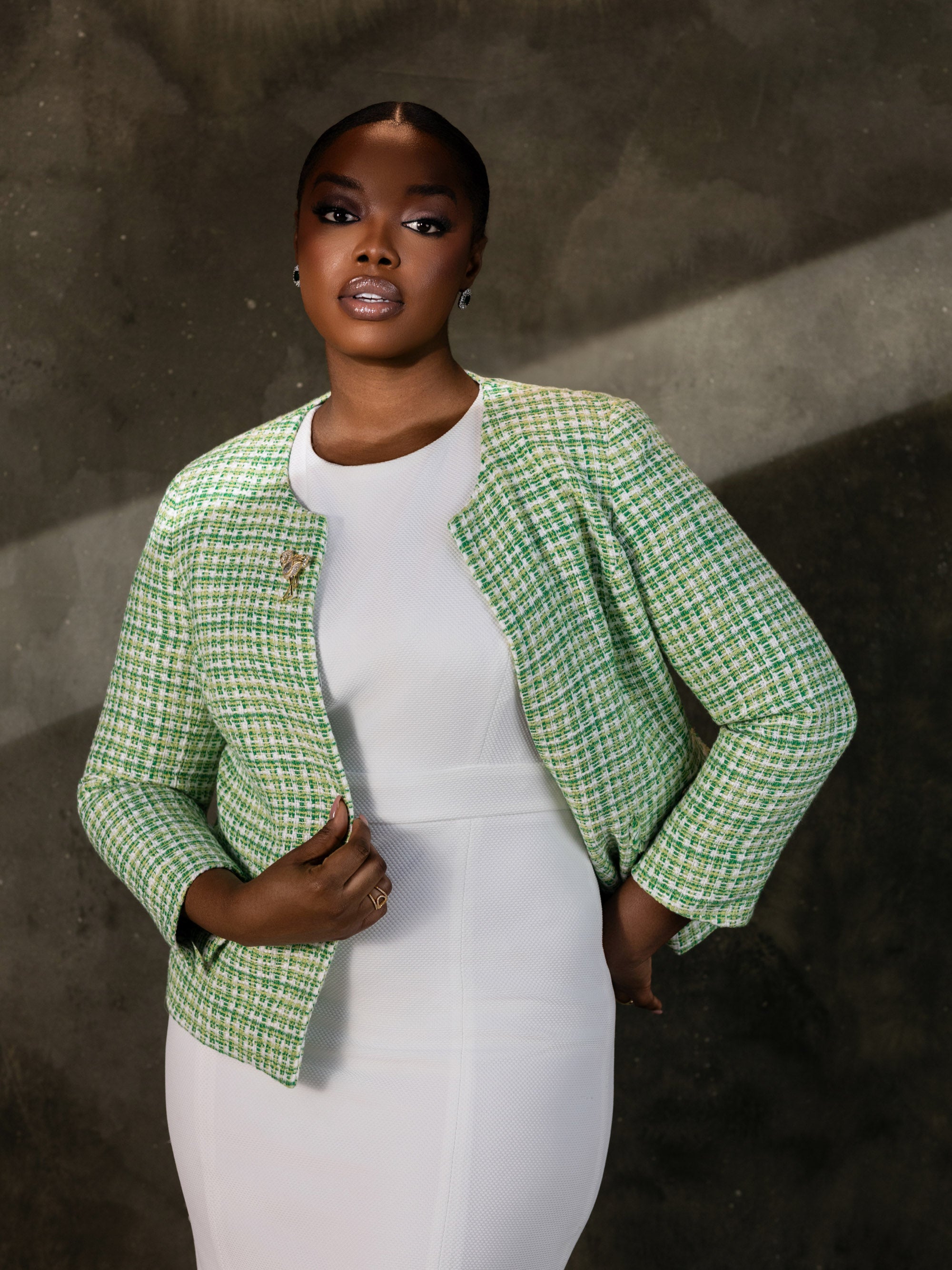 Elegant Women's Tweed Blazer for Modern Office Wear – Spring Green